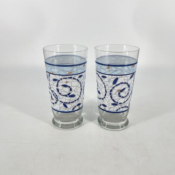 Set of 2 Pfaltzgraff Monaco Blue Mosaic Tumbler 16 oz 6 1/4" Tall - Picture 1 of 4